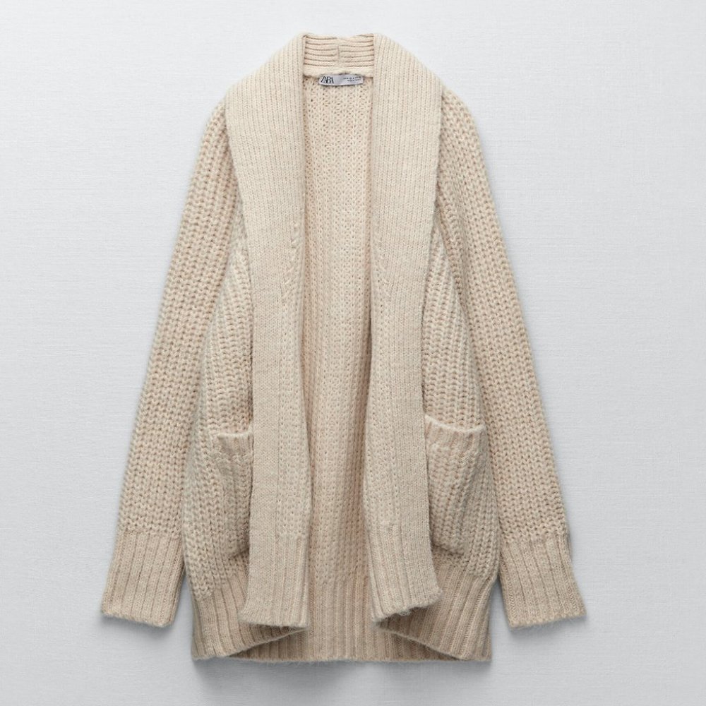 Zara PURL KNIT SHAWL COLLAR CARDIGAN Sz M